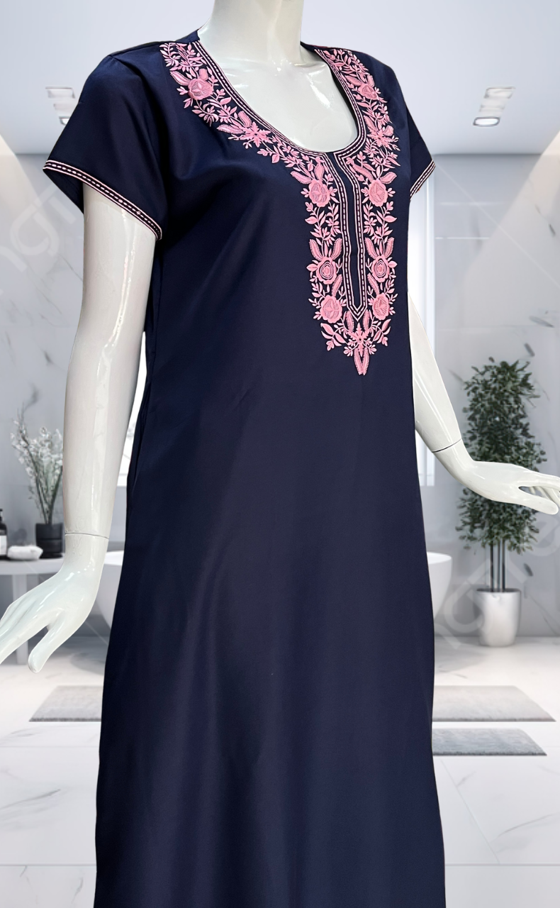 Navy Blue Embroidery Spun Nighty. Flowy Spun Fabric | Laces and Frills