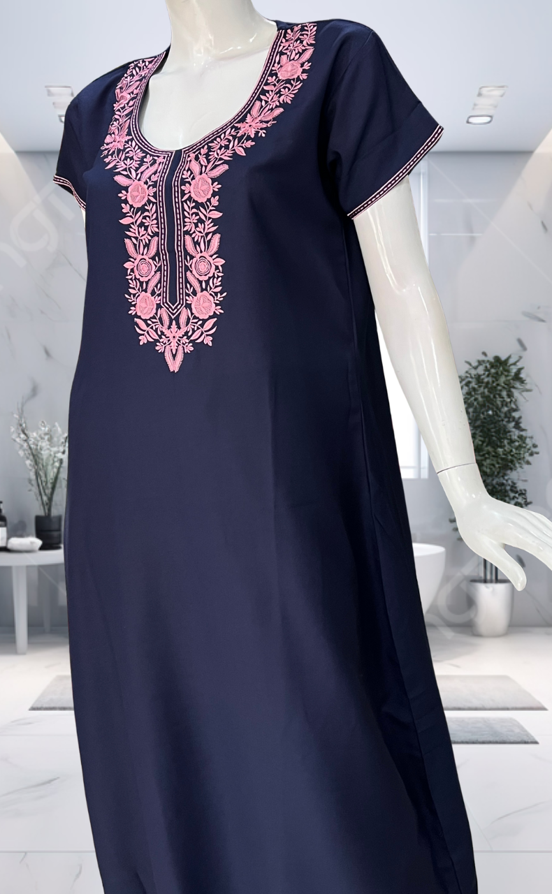 Navy Blue Embroidery Spun Nighty. Flowy Spun Fabric | Laces and Frills