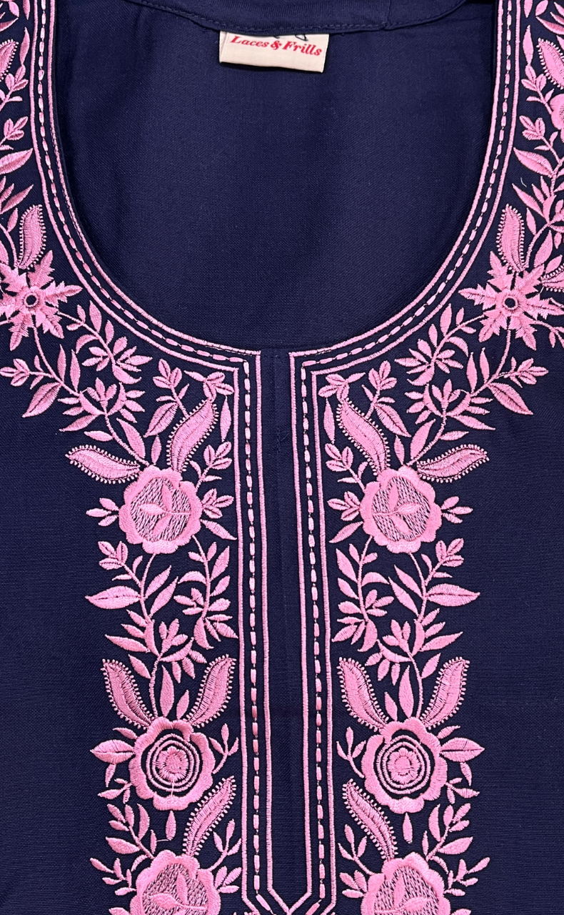 Navy Blue Embroidery Spun Nighty. Flowy Spun Fabric | Laces and Frills