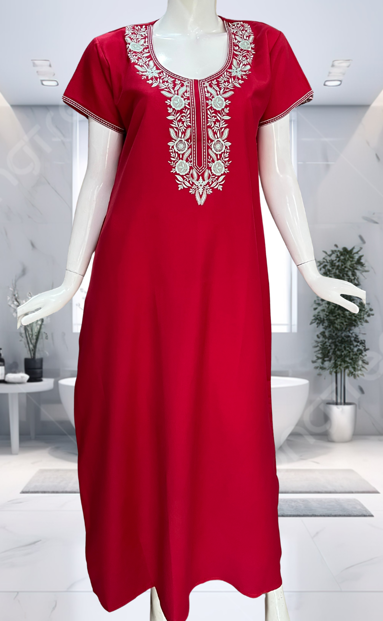 Red Embroidery Spun Nighty. Flowy Spun Fabric | Laces and Frills