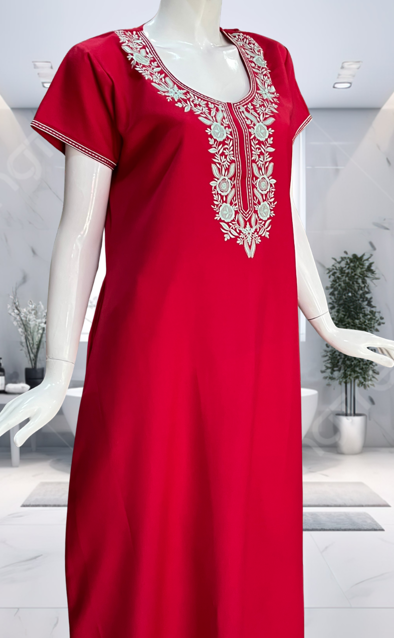 Red Embroidery Spun Nighty. Flowy Spun Fabric | Laces and Frills
