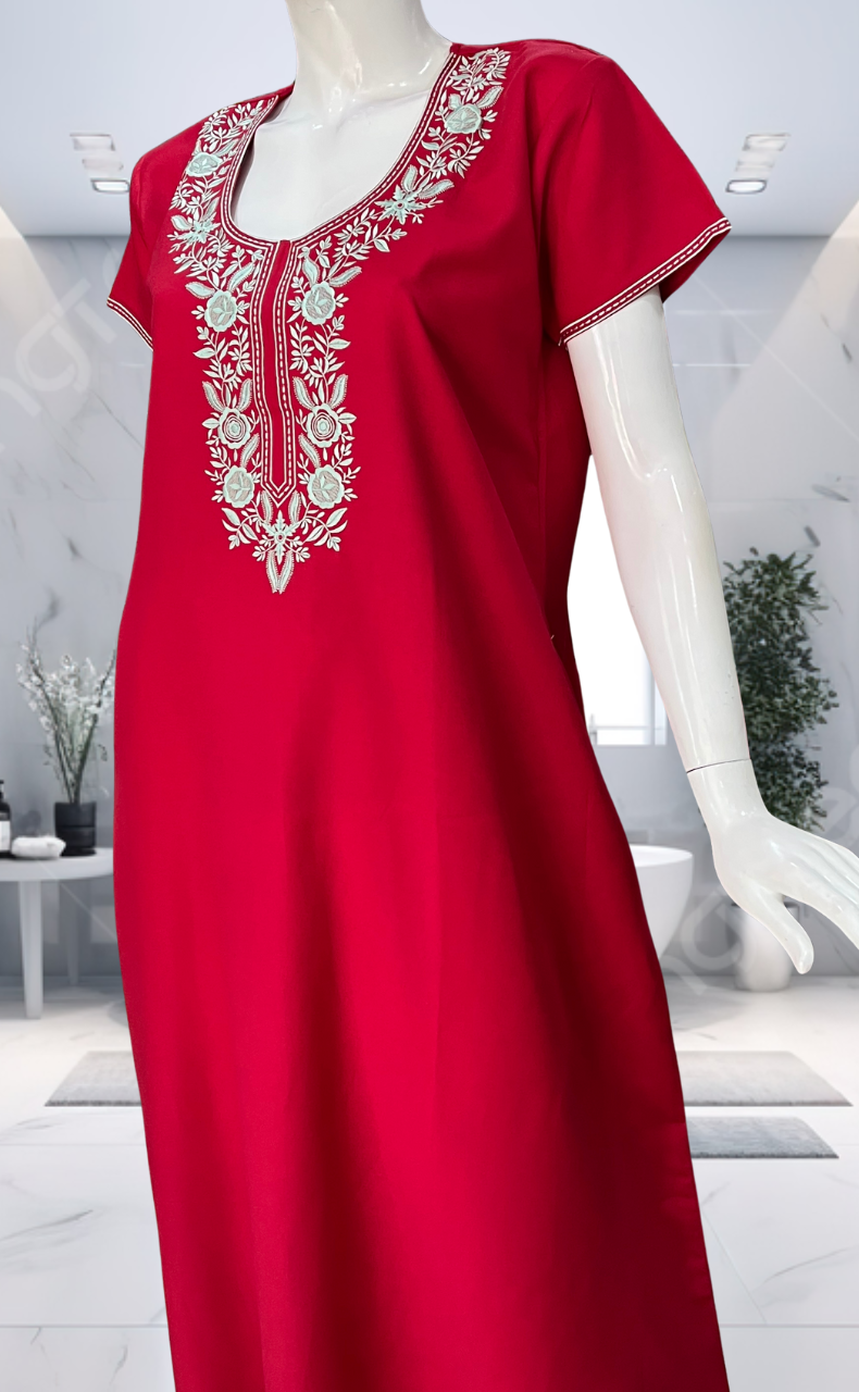 Red Embroidery Spun Nighty. Flowy Spun Fabric | Laces and Frills