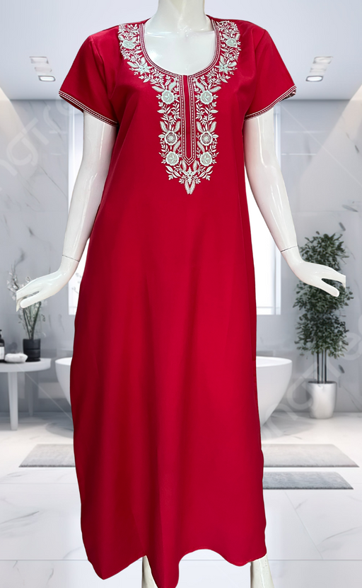 Red Embroidery Spun Nighty. Flowy Spun Fabric | Laces and Frills