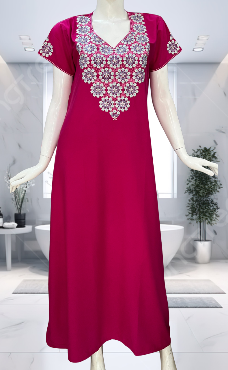 Pink Embroidery Soft Cotton Nighty. Soft Breathable Fabric | Laces and Frills