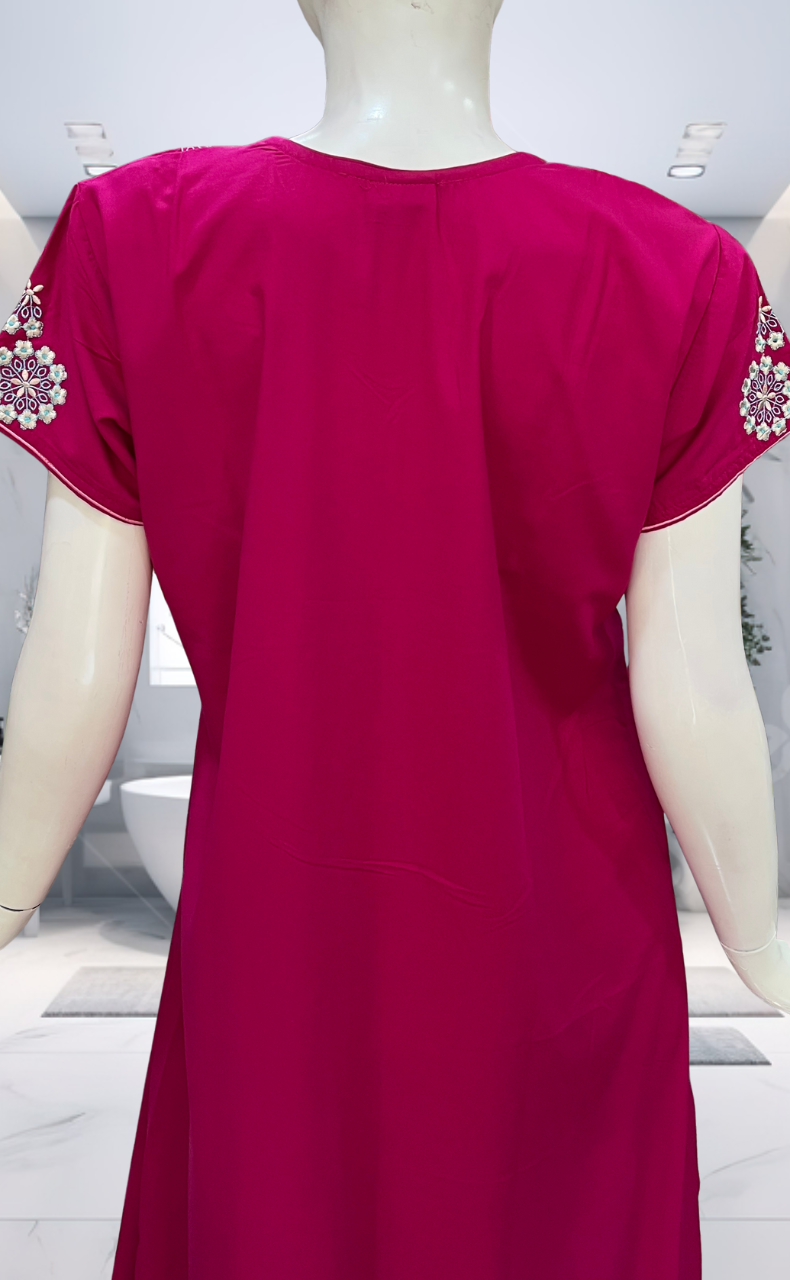 Pink Embroidery Soft Cotton Nighty. Soft Breathable Fabric | Laces and Frills