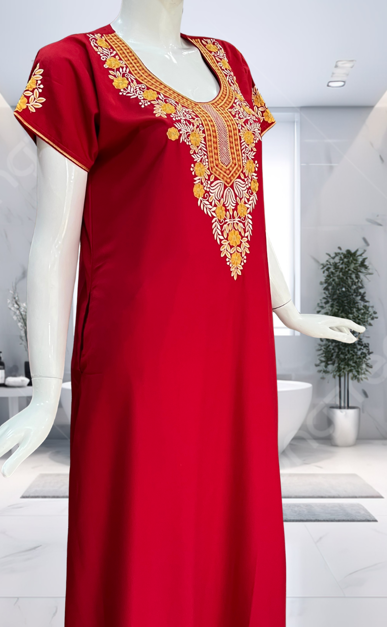 Red Embroidery Soft Cotton Nighty. Soft Breathable Fabric | Laces and Frills