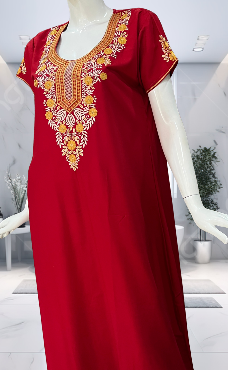 Red Embroidery Soft Cotton Nighty. Soft Breathable Fabric | Laces and Frills
