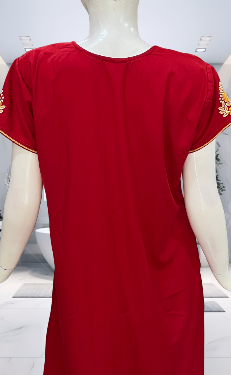 Red Embroidery Soft Cotton Nighty. Soft Breathable Fabric | Laces and Frills