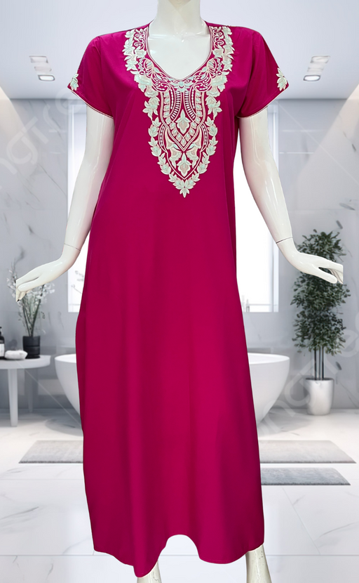 Pink Embroidery Soft Cotton Nighty. Soft Breathable Fabric | Laces and Frills