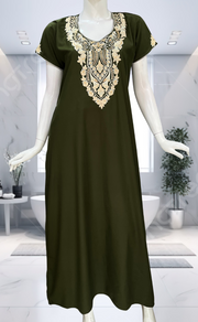Olive Green Embroidery Soft Cotton Nighty. Soft Breathable Fabric | Laces and Frills