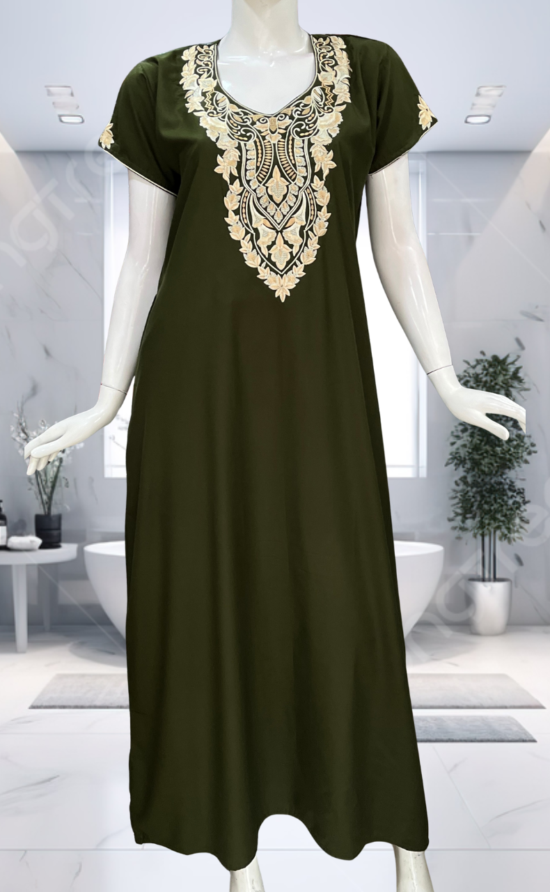 Olive Green Embroidery Soft Cotton Nighty. Soft Breathable Fabric | Laces and Frills