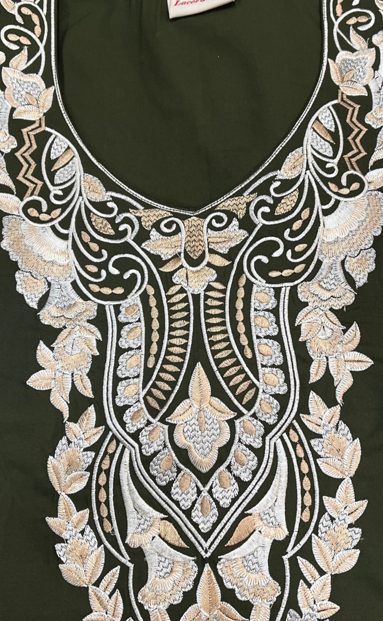 Olive Green Embroidery Soft Cotton Nighty. Soft Breathable Fabric | Laces and Frills