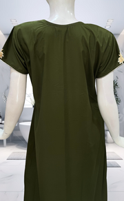 Olive Green Embroidery Soft Cotton Nighty. Soft Breathable Fabric | Laces and Frills