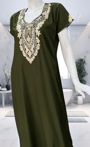 Olive Green Embroidery Soft Cotton Nighty. Soft Breathable Fabric | Laces and Frills