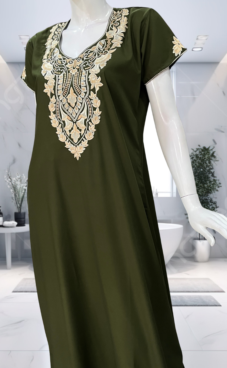 Olive Green Embroidery Soft Cotton Nighty. Soft Breathable Fabric | Laces and Frills