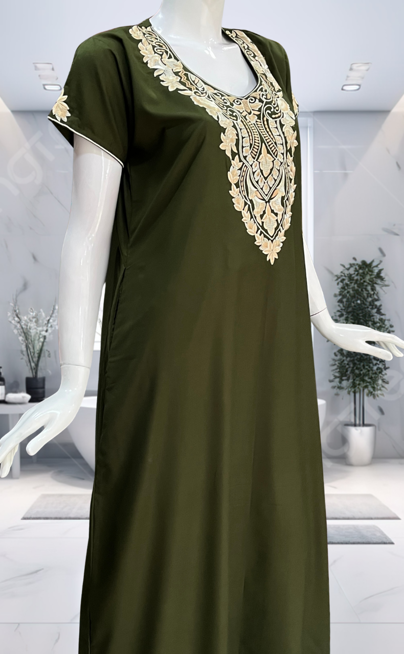 Olive Green Embroidery Soft Cotton Nighty. Soft Breathable Fabric | Laces and Frills