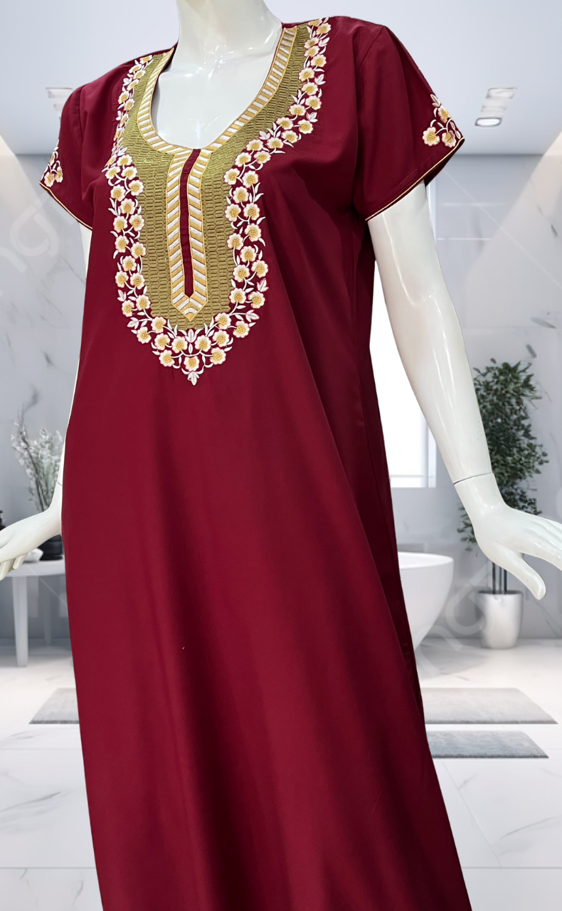 Maroon Embroidery Soft Cotton Nighty. Soft Breathable Fabric | Laces and Frills - Laces and Frills