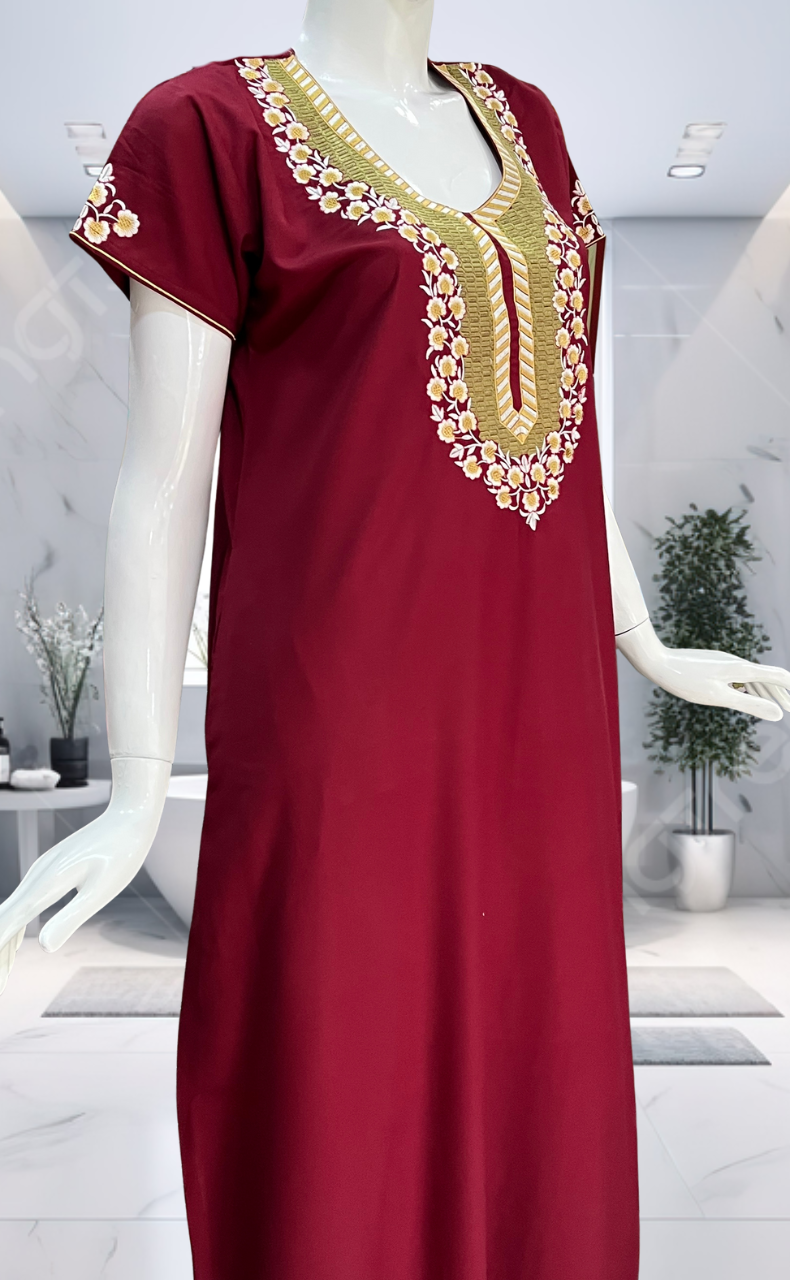 Maroon Embroidery Soft Cotton Nighty. Soft Breathable Fabric | Laces and Frills - Laces and Frills