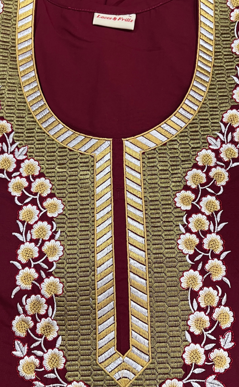 Maroon Embroidery Soft Cotton Nighty. Soft Breathable Fabric | Laces and Frills - Laces and Frills