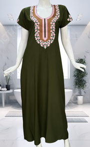 Olive Green Embroidery Soft Cotton Nighty. Soft Breathable Fabric | Laces and Frills - Laces and Frills