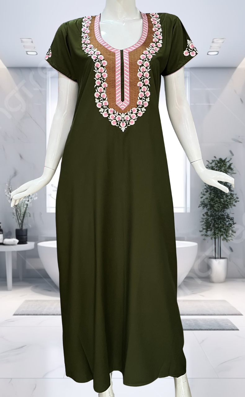 Olive Green Embroidery Soft Cotton Nighty. Soft Breathable Fabric | Laces and Frills - Laces and Frills