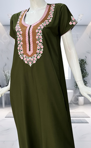 Olive Green Embroidery Soft Cotton Nighty. Soft Breathable Fabric | Laces and Frills - Laces and Frills