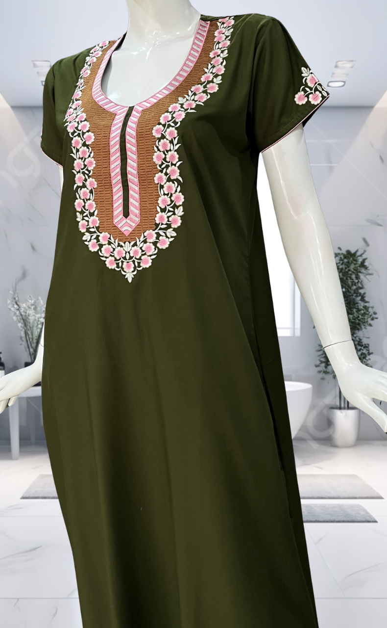 Olive Green Embroidery Soft Cotton Nighty. Soft Breathable Fabric | Laces and Frills - Laces and Frills