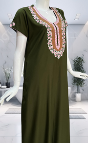 Olive Green Embroidery Soft Cotton Nighty. Soft Breathable Fabric | Laces and Frills - Laces and Frills