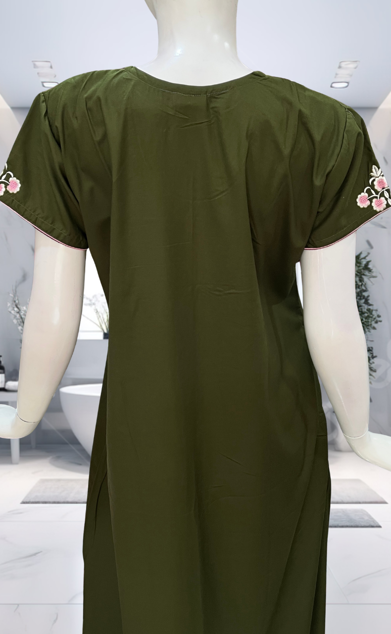 Olive Green Embroidery Soft Cotton Nighty. Soft Breathable Fabric | Laces and Frills - Laces and Frills