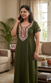 Olive Green Embroidery Soft Cotton Nighty. Soft Breathable Fabric | Laces and Frills - Laces and Frills