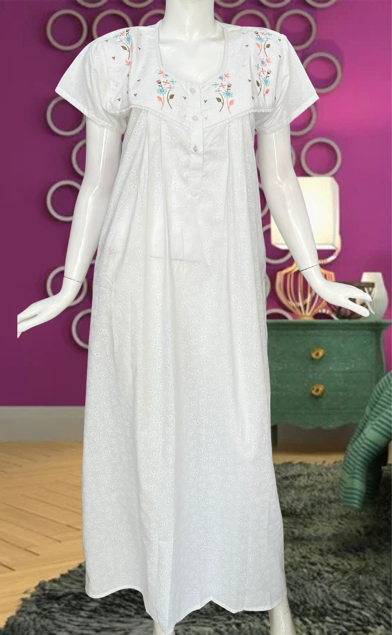White Floral Boutique Cotton Nighty . Pure Durable Cotton | Laces and Frills - Laces and Frills