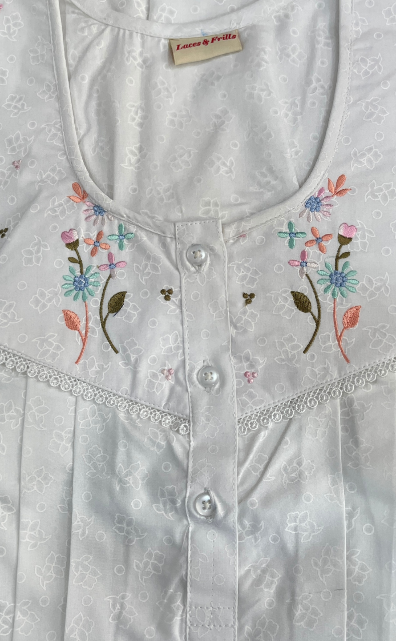 White Floral Boutique Cotton Nighty . Pure Durable Cotton | Laces and Frills - Laces and Frills
