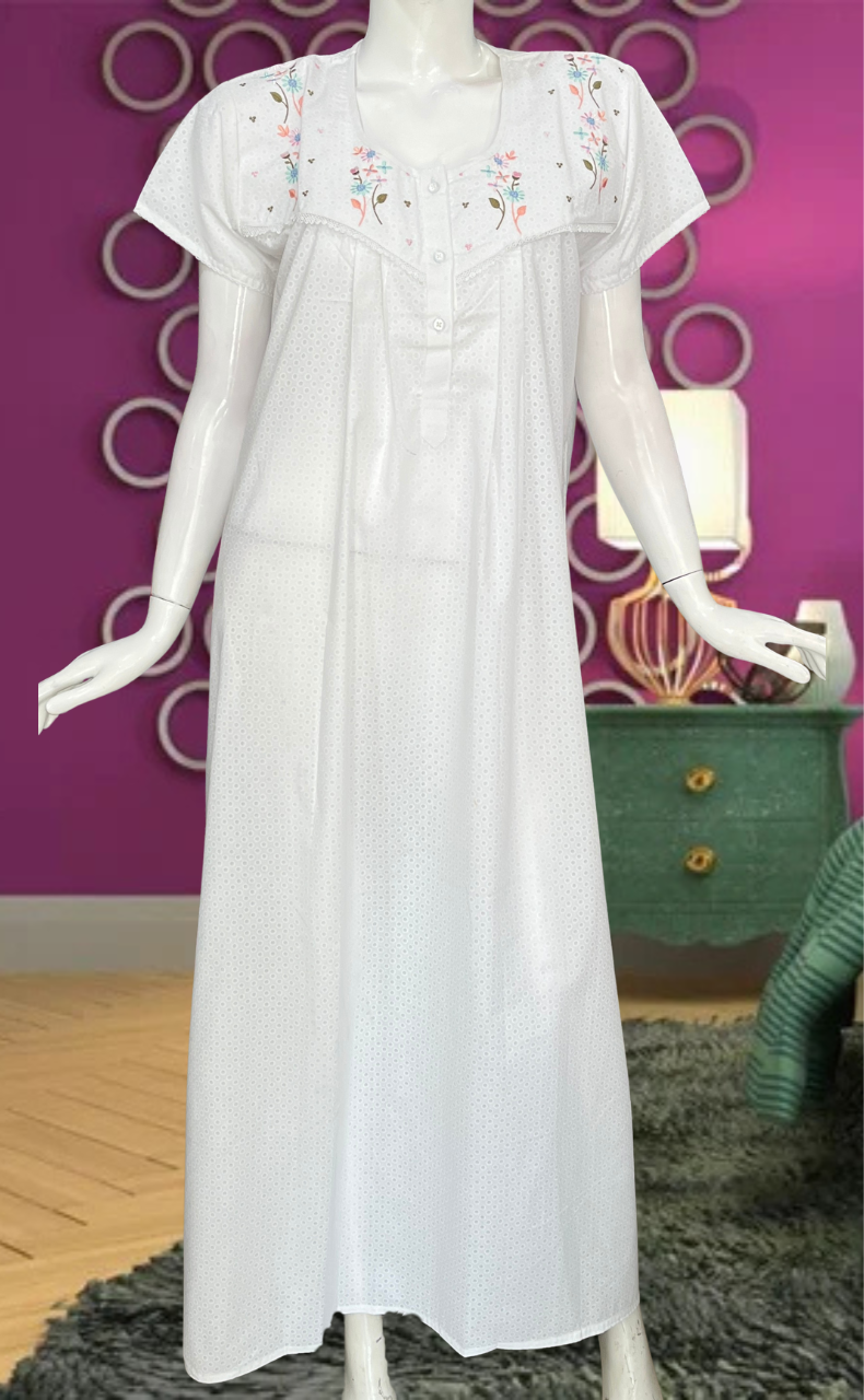 White Floral Boutique Cotton Nighty . Pure Durable Cotton | Laces and Frills