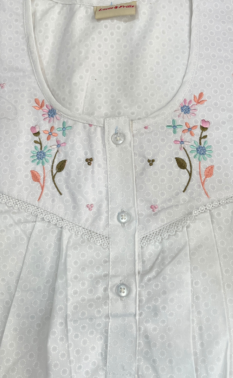 White Floral Boutique Cotton Nighty . Pure Durable Cotton | Laces and Frills
