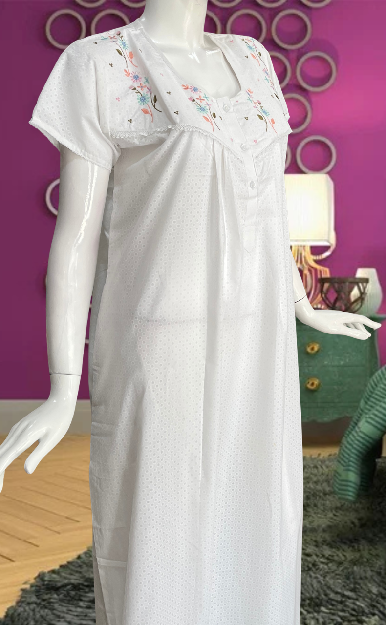 White Floral Boutique Cotton Nighty . Pure Durable Cotton | Laces and Frills