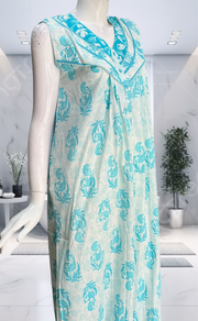 Sky Blue Floral Pure Cotton Sleeveless Nighty. Pure Durable Cotton | Laces and Frills