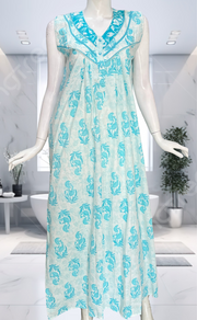 Sky Blue Floral Pure Cotton Sleeveless Nighty. Pure Durable Cotton | Laces and Frills