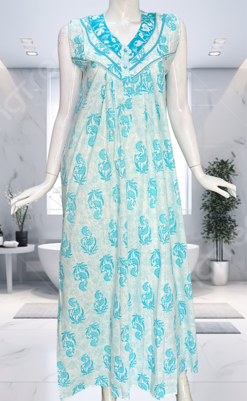 Sky Blue Floral Pure Cotton Sleeveless Nighty. Pure Durable Cotton | Laces and Frills