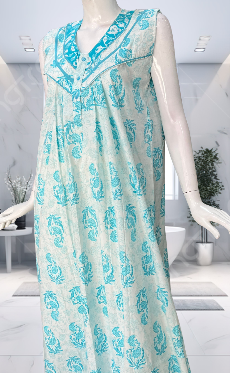 Sky Blue Floral Pure Cotton Sleeveless Nighty. Pure Durable Cotton | Laces and Frills