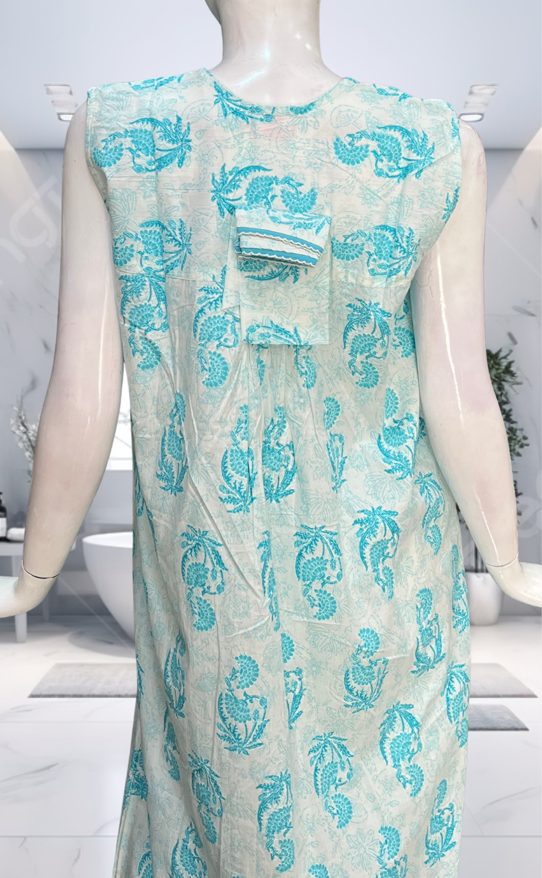 Sky Blue Floral Pure Cotton Sleeveless Nighty. Pure Durable Cotton | Laces and Frills