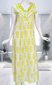 Lime Green Floral Pure Cotton Sleeveless Nighty. Pure Durable Cotton | Laces and Frills