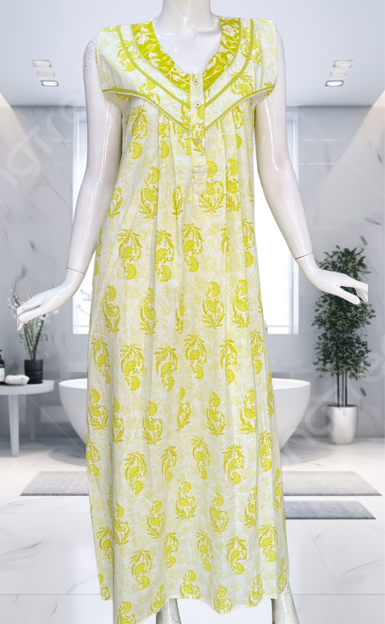 Lime Green Floral Pure Cotton Sleeveless Nighty. Pure Durable Cotton | Laces and Frills