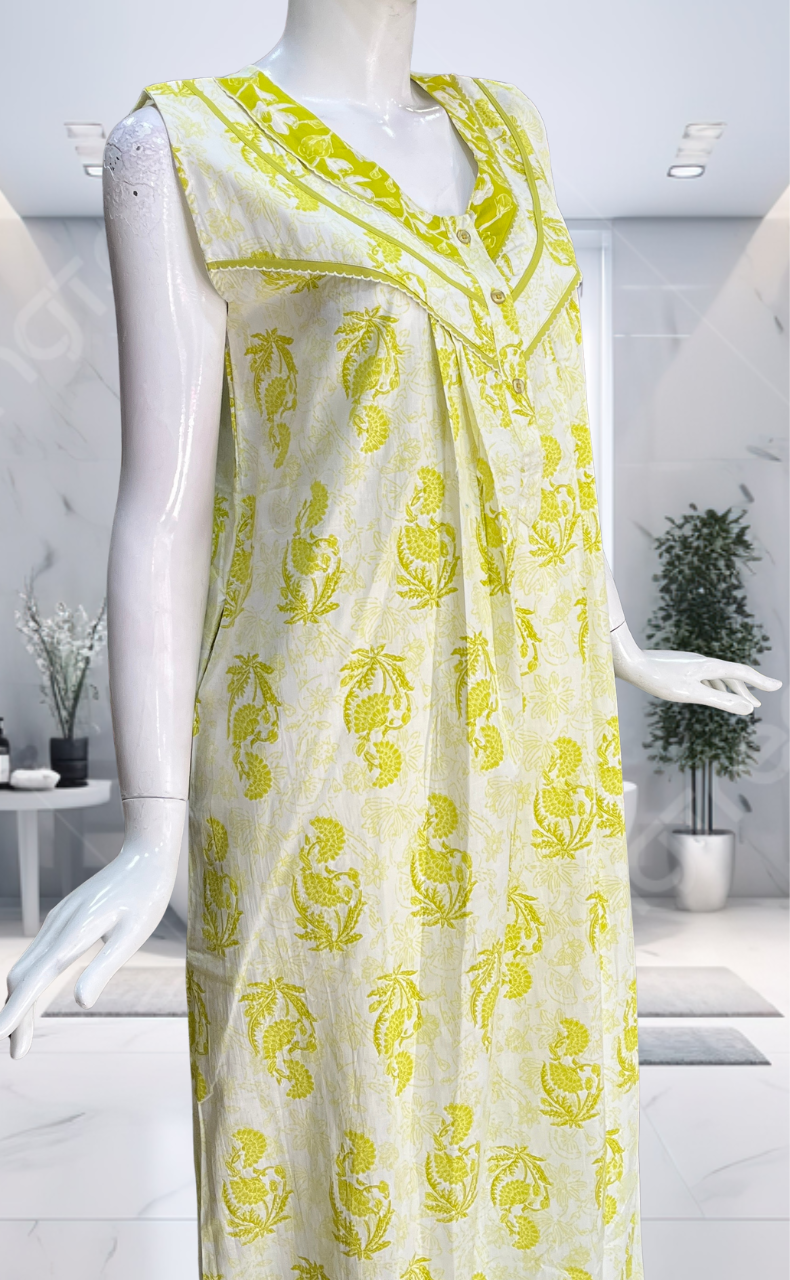 Lime Green Floral Pure Cotton Sleeveless Nighty. Pure Durable Cotton | Laces and Frills