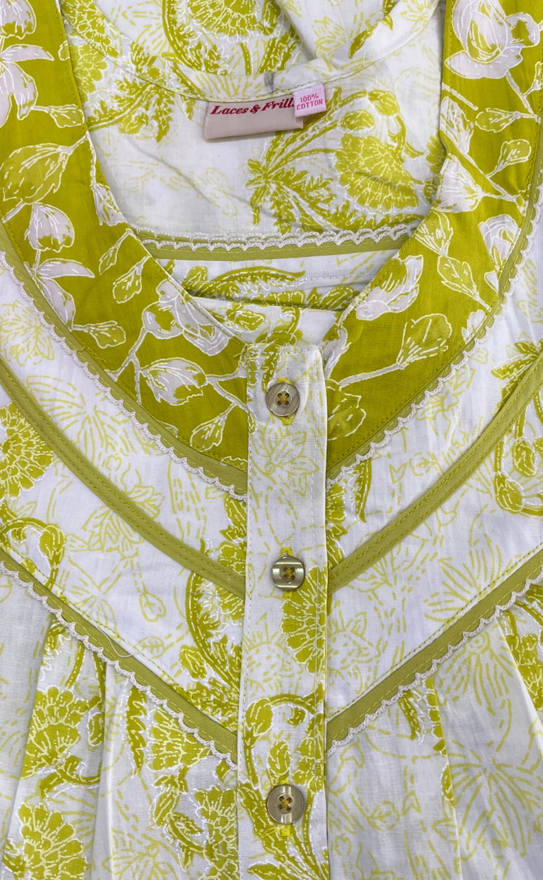 Lime Green Floral Pure Cotton Sleeveless Nighty. Pure Durable Cotton | Laces and Frills