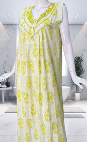 Lime Green Floral Pure Cotton Sleeveless Nighty. Pure Durable Cotton | Laces and Frills