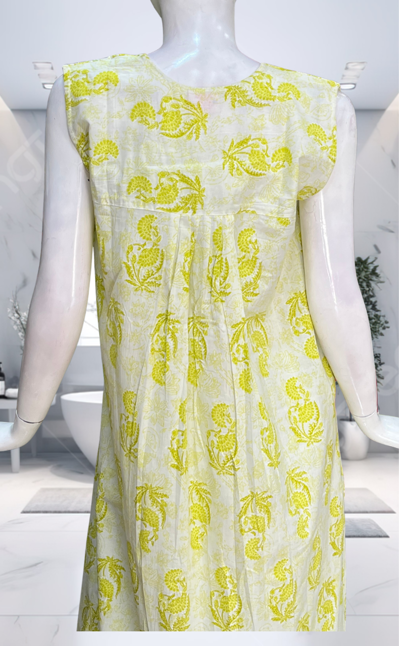 Lime Green Floral Pure Cotton Sleeveless Nighty. Pure Durable Cotton | Laces and Frills