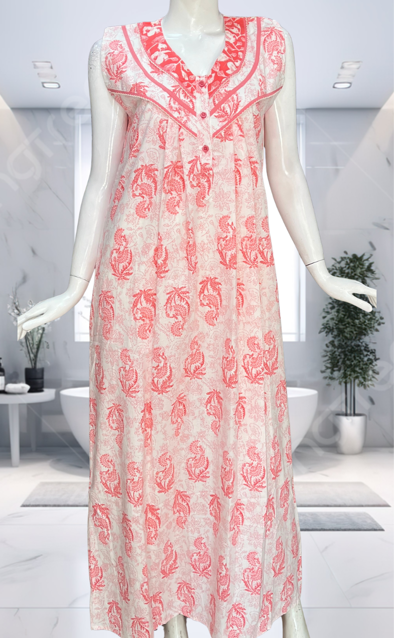 Peach Floral Pure Cotton Sleeveless Nighty. Pure Durable Cotton | Laces and Frills