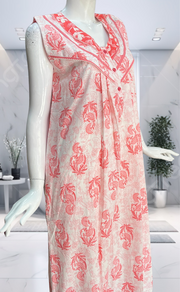 Peach Floral Pure Cotton Sleeveless Nighty. Pure Durable Cotton | Laces and Frills