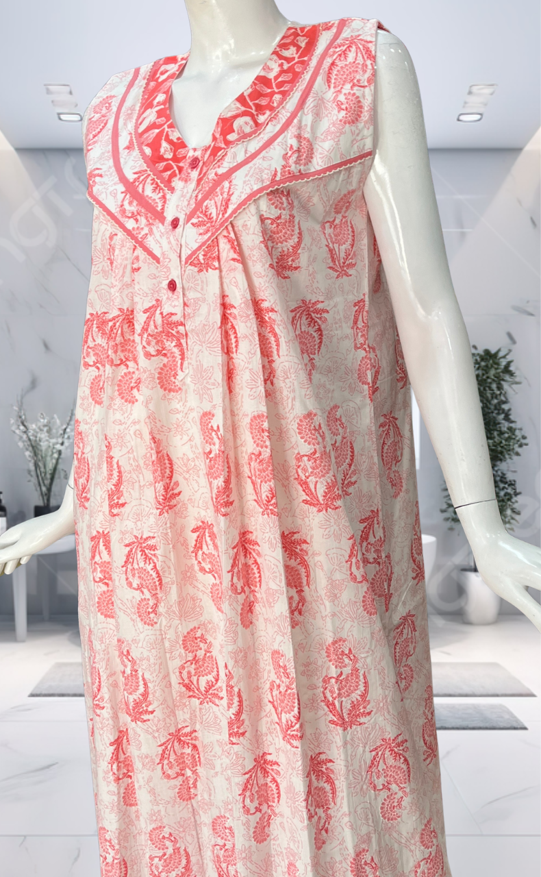 Peach Floral Pure Cotton Sleeveless Nighty. Pure Durable Cotton | Laces and Frills