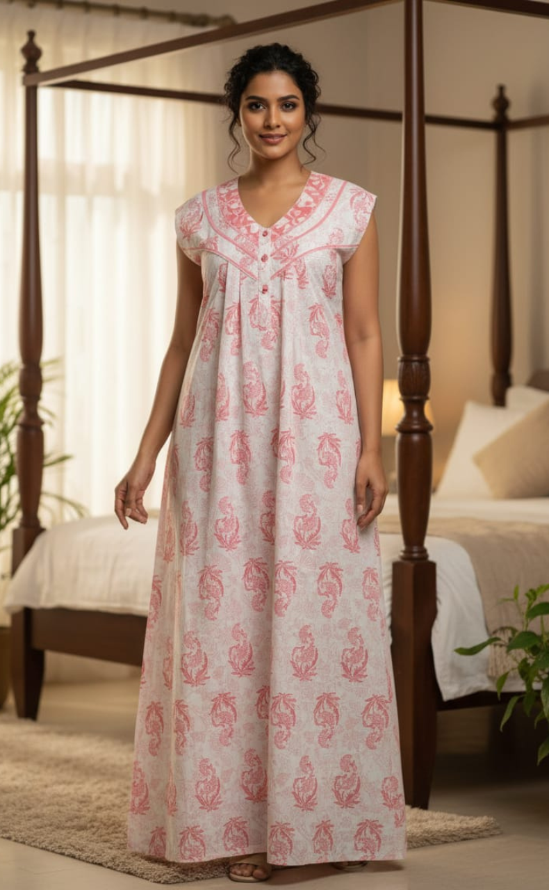 Peach Floral Pure Cotton Sleeveless Nighty. Pure Durable Cotton | Laces and Frills